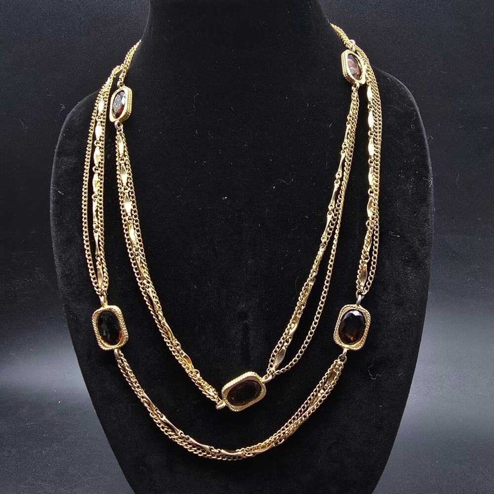 Sarah Coventry Root Beer Glass Necklace Gold Tone Chains LONG Layering Vintage